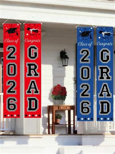 4pcs 2026 Graduation Decorations, Blue & Red Graduation Supplies, Congratulations 2026 Graduation Banner, Suitable For Any School Or Grade 2026 Graduation Party Decor, Graduation Party Decorations, Photo Props | SHEIN