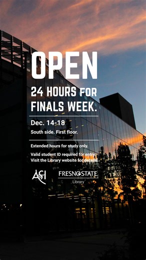 Fresno State ASI on Instagram: "24 Hours Finals Week is starting soon! This collaboration between ASI and the Fresno State Library will provide opportunities for students to study in the Library all day and night during Finals Week. How it works: Students will need their student ID card to gain access to the library in the evening. These Bulldogs Hours start Sunday, December 14th at noon and end Thursday, December 18th at 8 PM. Library access will be limited, students will only be able to use th