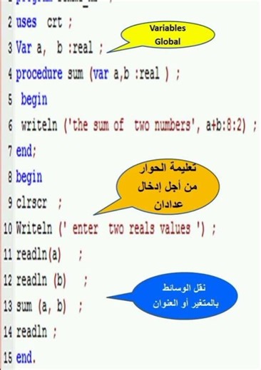 برنامج بلغة الباسكال الذي يسمح بجمع عدادان حقيقيان بإستعمال الإجراءات #programming #education