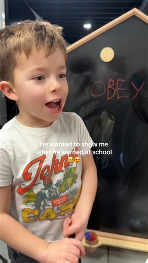 Preschool Vibes on Instagram: "Cash wanted to show me what he learned at preschool. He wrote the word obey on the board. Then he started singing, “O-B-E-Y, obey your mom and dad,” and it completely caught me off guard in the best way. Moments like this are so special."