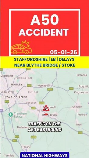 A50 CRASH | EB | TRAFFIC HELD | BLYTHE BRIDGE – UTTOXETER | STAFFORDSHIRE📍