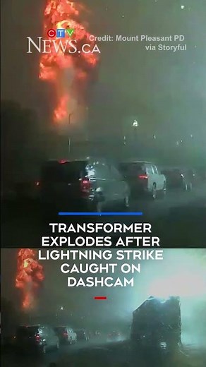 Transformer explodes after lightning strike caught on dashcam