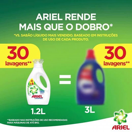 Compare e comprove, Ariel Concentrado rende mais que o dobro* *vs. sabão líquido mais vendido. Baseado em instruções de cada produto. | Ariel Brasil