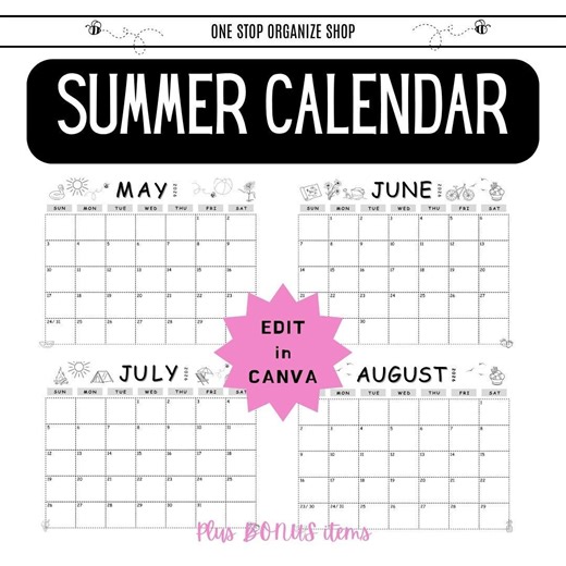 Printable & Editable Summer 2026 Calendar | May June July August | Summer Planner, Bucket List Activities, Family Calendar Black and White - Etsy UK