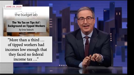 John Oliver cited EPI's research on why “no tax on tips” will harm more workers than it helps! ⬇️ "While 'no tax on tips' is an easy applause line at rallies, it wouldn't be nearly as effective as it sounds. If you really want to give relief to tipped workers, the solution would be to eliminate the subminimum wage." Check out our research on why "no tax on tips" would harm workers: https://www.epi.org/blog/no-tax-on-tips-will-harm-more-workers-than-it-helps-proposals-in-congress-and-now-20-state