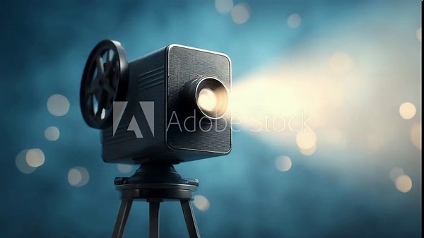 Vintage Projector: An iconic, vintage movie projector emitting a bright beam of light against a blurred background of glowing orbs, evokes a sense of nostalgia for classic cinema.