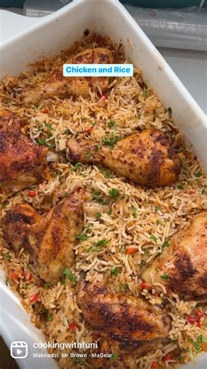 Here with the method: Place the chicken pieces in the oven proof dish over the rice add chicken stock, cover with foil and bake for 30 minutes at 180°C. Uncover, brush the chicken with oil and bake for an additional 35-40 minutes or until the chicken is cooked. Change oven setting to grill to brown the chicken and crisp rice (only needs 3-5 minutes). You can mix the rice and chicken together at this stage. Cover with foil and allow it to rest for 10 minutes to set all of the flavours in the hot 