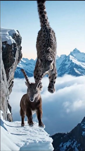 Snow Leopard Ambushes Alpine Ibex — Deadly Pounce on the Cliff Edge.