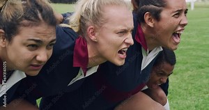 Rugby, scrum and women with screaming, game and competition with energy, fierce and teamwork. Players, fitness and girls with exercise, training and shouting with confidence, cooperation and hobby