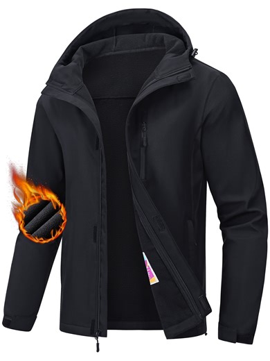 Men's Hooded Softshell Jacket Water-resistant Insulated Windbreaker Winter Warm Fleece Lined Rain Shell Jacket Black 2XL