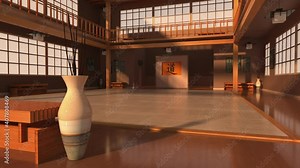 3D Illustration of a Modern Japanese Karate School or Dojo Interior. Public Domain Photos on Wall Courtesy of Library of Congress. Kanji Symbol means The Way.