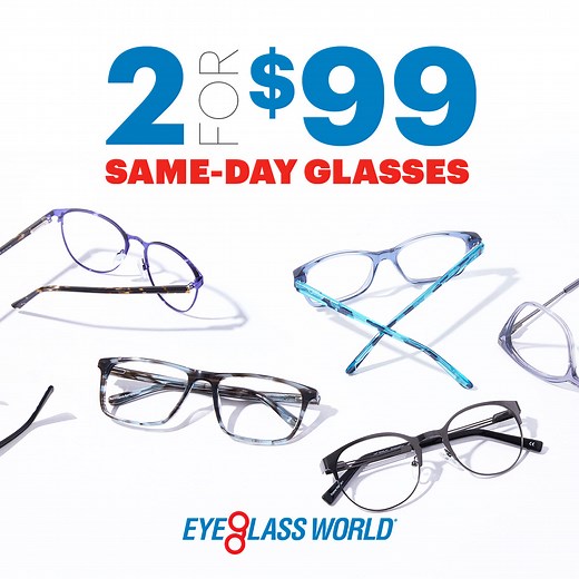 Your perfect pair is waiting. Get two pairs of same-day glasses for $99 at Eyeglass World! | Eyeglass World