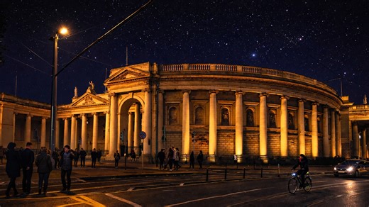 This landmark bank building stands out at night in Ireland
