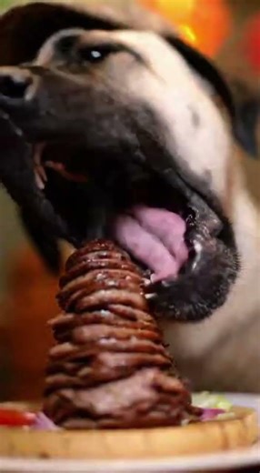 Der Kangal-Hund beginnt zu essen. Nahaufnahmen zeigen das saftige Dönerfleisch. 😋😂