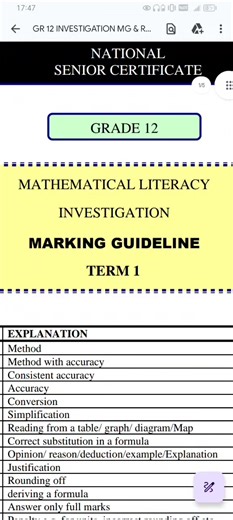 Grade 12 Investigation Memorandum Mathematical Literacy #teacher #parent #child #mathematicalliteracy #matric