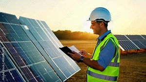 A smiling engineer inspecting the solar panels' cleanliness and the sun's functionality