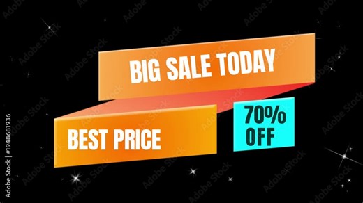 Vibrant orange and bright blue promotional banner animation clip showcasing a dynamic big sale today with an unbeatable best price offer, prominently highlighting an impressive seventy percent discoun
