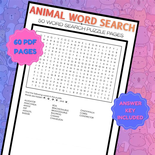 Animal Word Search Puzzle Book, 50 Printable Pages, Kids Vocabulary (PDF Download ) - Etsy