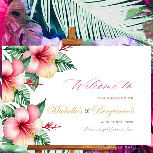 Large Tropical Wedding Welcome Sign Poster Template, Pink Tropical Greenery Signage Editable, Printable Hawaiian Sign Decor - Etsy