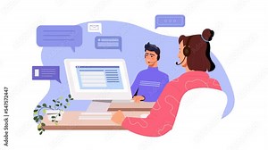 Customer Support Service operators. Moving man and woman hotline employee in headphones respond to customer requests and solve user problems. Technical assistance. Flat graphic animated cartoon