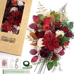 Muhanjia Vintage Style Artificial Flowers and Greenery Combo Box Set, Fake Flower for DIY Wedding Bridal Bouquet, Centerpieces Decor, Floral Arrangement Decor, etc.(Red)