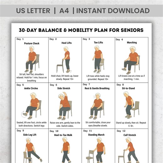 30 Day Balance and Mobility Exercises for Seniors | Elderly Printable Workout Plan | Fall Prevention Chair Exercise Chart Digital Download - Etsy