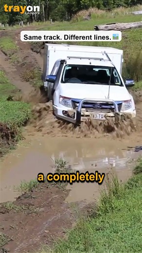 Your ute picks the shallow line through a crossing. But your caravan? It's locked to your drawbar—following a completely different path. Different wheelbase, different track, deeper water. A slide-on follows your exact wheels. If your front tyres found safe ground, your camper will too. | Trayon Campers