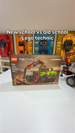 LEGO Technic 42242 Unimog U 5023 with Crane next to the classic LEGO Technic 8110 Unimog U 400.