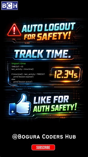 Auto Logout = Account Safety 🔐 |Session Timeout in Python |Auto Logout for Safety |Timeout Explained Auto Logout = Account Safety 🔐 | Session Timeout in Python 📝 Description Still leaving sessions open? 😱 Learn how session timeout protects users with auto logout logic using Python. Track inactivity, expire sessions, and secure your apps like a pro 💻⚡ 👉 Like & Follow for daily secure coding tips! #boguracodershub #SessionTimeout #PythonSecurity #WebSecurity #AutoLogout #SecureCoding #Progra
