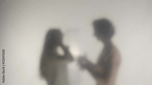 Silhouette of a couple arguing behind frosted glass or curtain. The woman slaps the man, then they embrace. HDR BT2020 HLG Material.