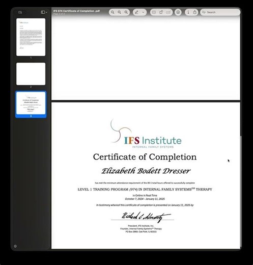IFS Level 1 Training Certificate 2025 | Elizabeth Bodett Dresser LCPC | Chicago IL