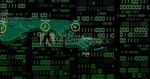 World map with clocks showing different time zones over binary code animation