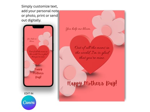 Editable Mother's Day Card Template | Digital Download | Print & Mobile Size - Etsy