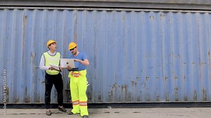 Manager and his worker are checking at container cargo harbor holding laptop device to loading cargo containers. Shipping business, male workers logistics import and export shipping yard concepts.