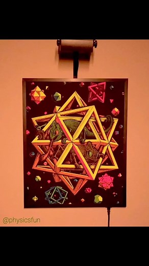 Vintage Blacklight Poster: a psychedelic era poster from 1969 glows brightly under an LED blacklight in this specially made frame I made fur it. This silkscreen uses fluorescent pigments (new tech in the 1960s) that absorb ultraviolet light and then re-emit the energy in visible photons. Design based on M. C. Escher’s black and white 1948 wood engraving print “Stars” featuring two chameleons within three connected octahedra. ➡️ Follow the link in my profile for info on where to get vintage fluor