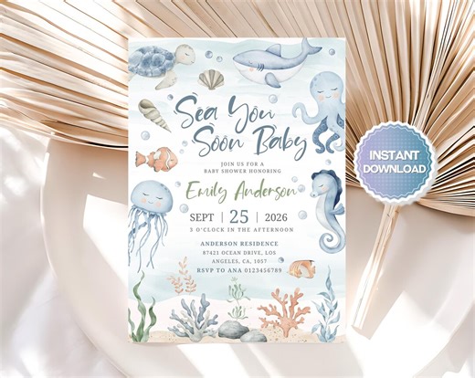 Sea You Soon Baby Shower Invitation, Coastal Nautical Theme, Summer Ocean Beach Party, Gender Neutral Printable Invite for Girl or Boy - Etsy