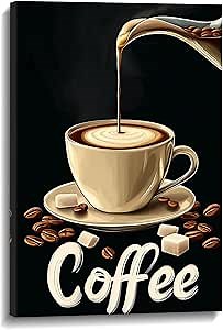 Coffee Canvas Wall Art Kitchen Wall Decor Black Poster Espresso with Coffee Bean Picture Vintage Prints Latte Art for Bar Dining Room Wall Decor Framed(Art-1,12.00x18.00 inch)