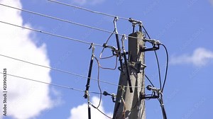 Portable grounding. Temporary grounding of power lines. Grounding power lines. The power lineman use clamp stick (insulated tool) to closing a transformer on energized high-voltage electric power line