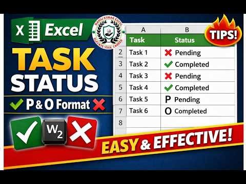 Excel Task Status with ✔ Tick & ✖ Cross Symbol | P & O Pending Complete Format in Excel