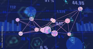 Data nodes pulsing and linking when incoming data streaming, showing user connections and metrics