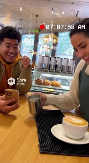 Coffee shop cam glitch with barista spilling latte art into heart shape accidentally, customer cheer