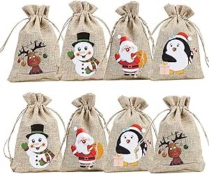 CCINEE 36pc Christmas Linen Bags with Drawstrings Christmas Burlap Goody Gift Bags with Double Jute Drawstrings, 4 designs Snowman, Santa Claus, Penguin and Reindeer