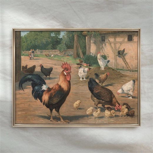 Vintage Rooster Farmyard Painting | Antique Barnyard Chicken Wall Art | Rural Poultry Artwork | Digital Download - Etsy UK