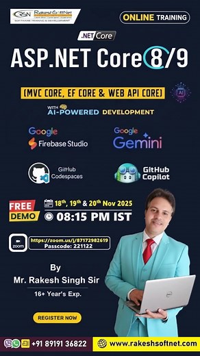 👉ASP.NETCore Online Training 🆕 New Online Batch Starts: 18th November 2025 💡 FREE Live Demo Sessions 📅 Dates: 18th, 19th & 20th November 🕖 Time: 08:15 PM IST 🔗 Zoom Link: https://zoom.us/j/87172982619 🔐 Passcode: 221122 📞 Call/WhatsApp: 91 89191 36822 🌐 Visit: www.rakeshsoftnet.com 🚀 Take your first step toward becoming an ASP.NETCore Master | Rakesh Singh