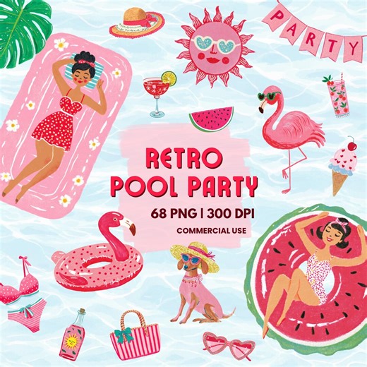Retro Pool Party Clipart, Vintage Summer Graphics, Tropical Flamingo (68 PNG Digital Download) - Etsy