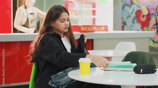 female student packing books at campus cafe, checking timetable and schedule, rubbing nose and sighing, deadline pressure visible, coffee untouched on table, vibrant mural and empty seats around,