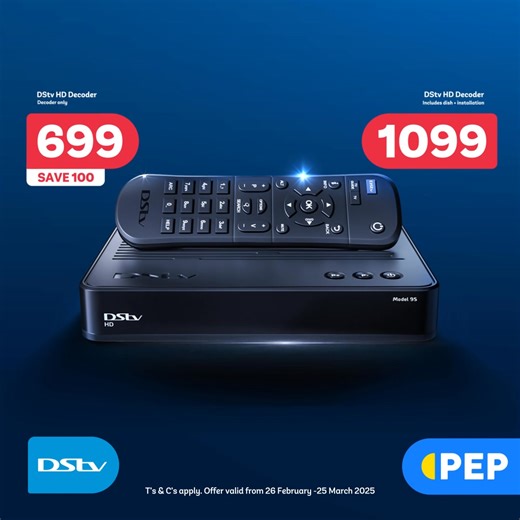 813 reactions · 75 comments | Celebrate MORE the Mzansi way! Buy a DStv HD decoder for 699 SAVE 100 or get the DStv HD + installation for 1099 today! And with more ways to pay, buy a DStv Explora decoder for 1999 on your PEP account. Plus, pay your DStv account at any PEP store. Ts&Cs apply. While stock lasts. #LifesBetterWithPEP | PEP | Facebook