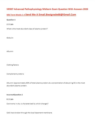 NR507 Advanced Pathophysiology Midterm Exam Question With Answers 2026