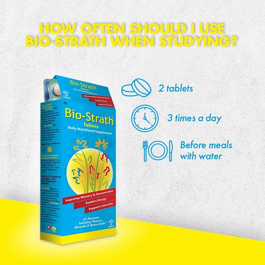 Unsure of how frequently you should be using Bio-Strath during peak study and exam periods? Here’s a basic guide: 💛2 tablets ⏰3 times a day 🍽️ before or after meals with water. You can increase your dosage if you feel it’s needed to 2 tablets every 2-3 hours for extra support. | Bio-Strath SA