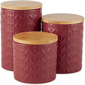 DII Kitchen Accessories Collection, Textured Matte Ceramic Canister Set, Barn Red, Vine, 3 Piece